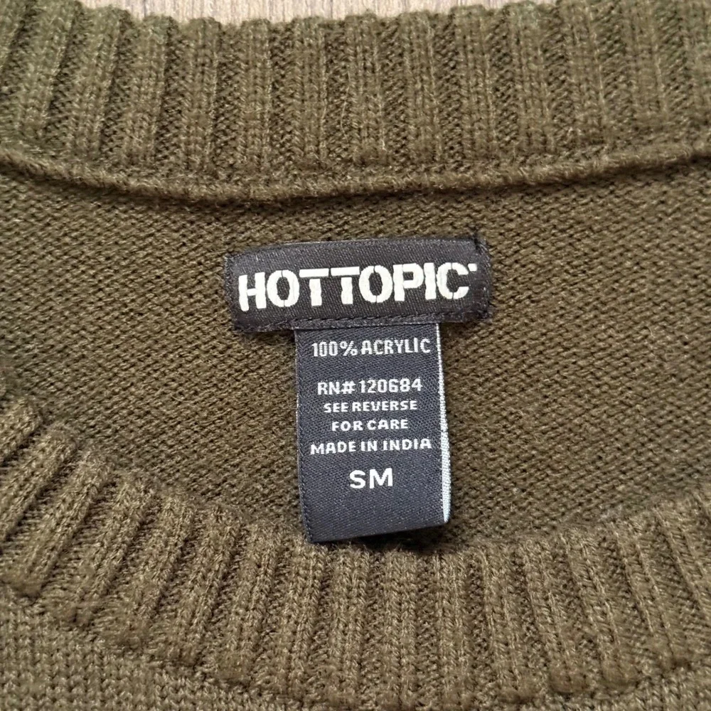 Hot Topic Mens Olive Green Graphic Knit Sweater Distressed Punk Goth Small